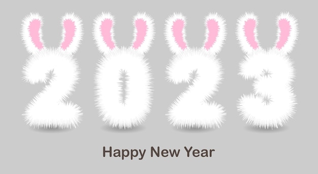Fluffy new year 2023 con illustrazione vettoriale di orecchie da coniglio