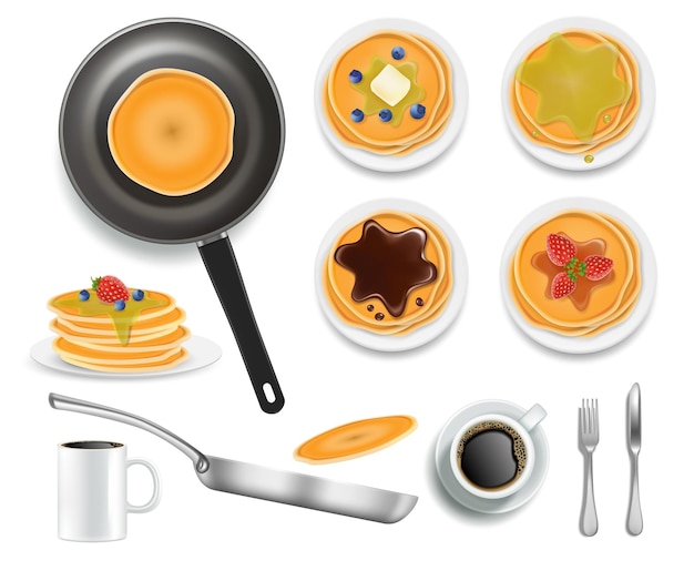 Fluffy pancakes with honey chocolate blueberry and strawberry fruits vector isolated illustration am