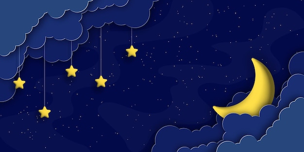 Fluffy paper clouds 3d moon and stars on night sky background vector illustration