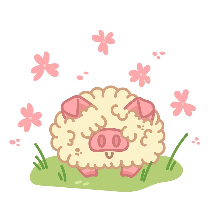 Vector fluffy pig kawaii character on green lawn fantasy animal with flowers vector illustration isolated