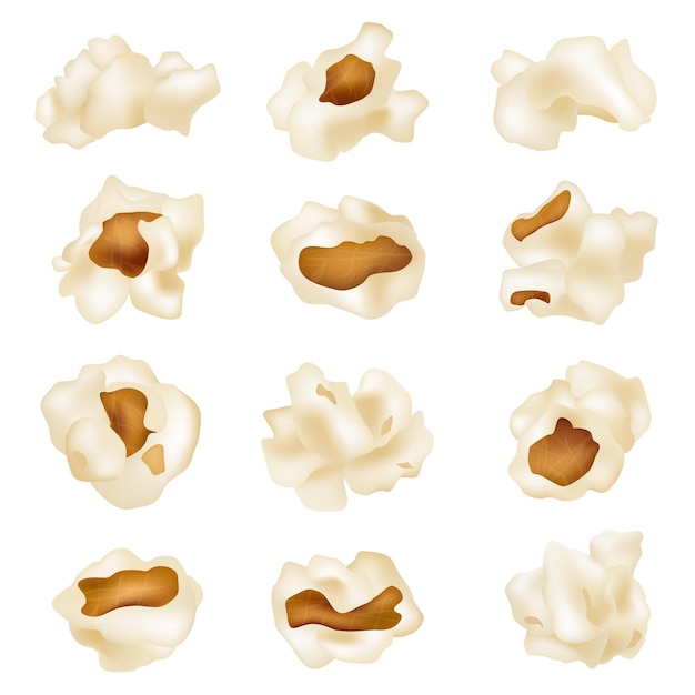 Fluffy popcorn Fried 3d white corns snacks for movies time decent vector realistic collection set