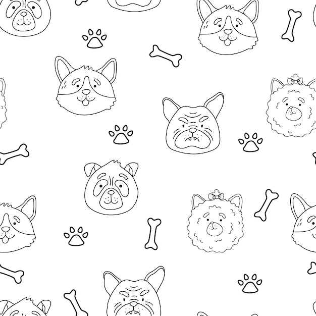 Fluffy shaggy little dogs breed pomeranian pug bulldog corgi seamless pattern Cartoon puppy texture