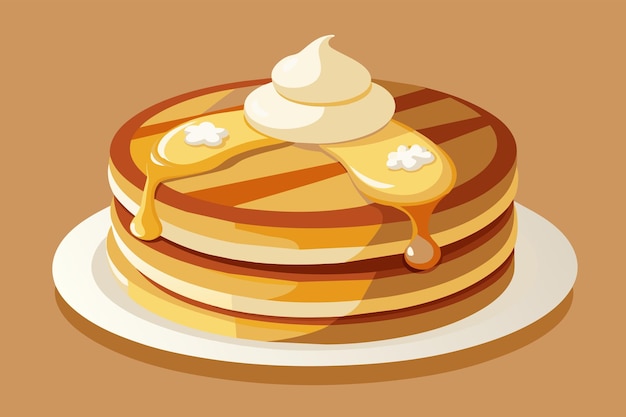 Vector a fluffy stack of pancakes drizzled with maple syrup and topped with a dollop of whipped cream