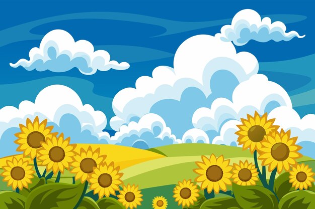 Vector fluffy white clouds drifting above a field of sunflowers