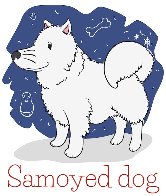 Vector fluffy white samoyed dog with doodles ready for hugs