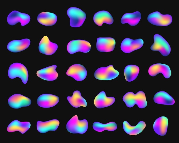 Forme olografiche fluide o iridescenti elementi grafici al neon organici con gradiente di bolle liquide astratte