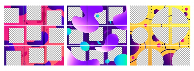 Fluid shapes post template. colorful abstract trendy social media photo frames posts, puzzle grid templates layout set