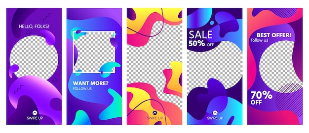 Fluid shapes stories template. colorful abstract shape social media story posts trends, photo frames templates layout set