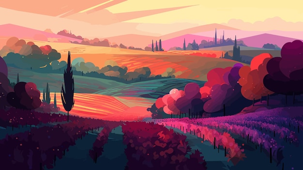 流れるような夕日のオーガニック グラフィック デザイン紺碧と紫の木とブドウ畑のある風景にインスピレーションを得た