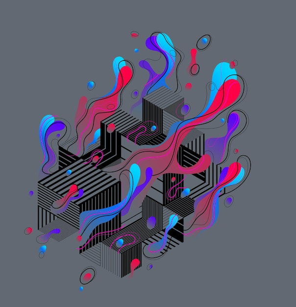 Fluidi forme liquide colorate in movimento con linee geometriche vettore elemento grafico astratto, arte moderna dinamica che scorre e forme mutevoli, gradienti bolle di lava.
