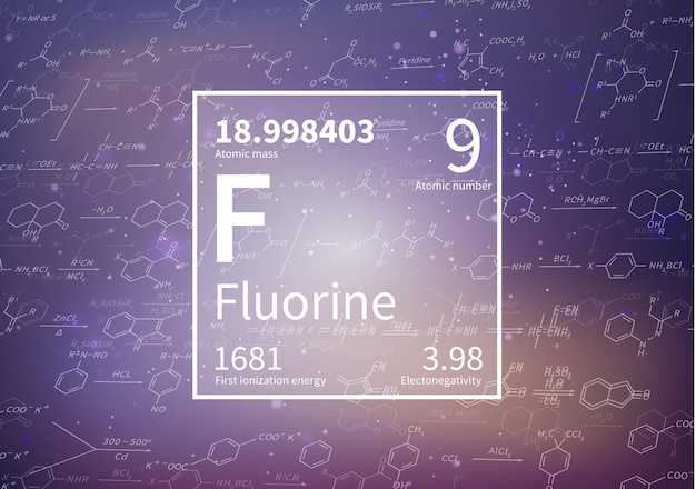 Vector fluorine chemical element with first ionization energy atomic mass and electronegativity values on scientific background