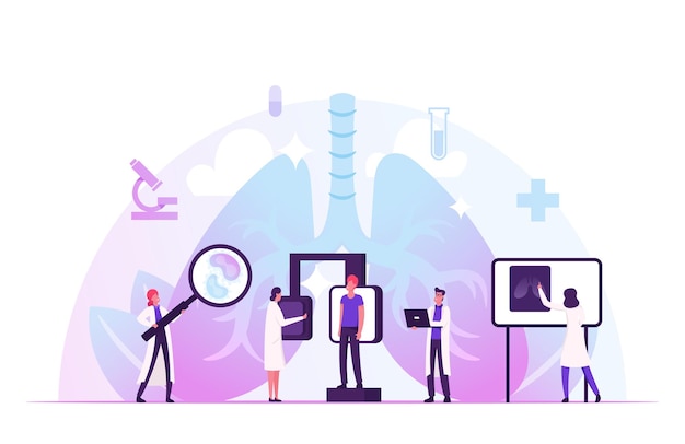 Fluorographic examination in pulmonology department in clinic. lungs x-ray medical diagnostics checkup. cartoon flat illustration