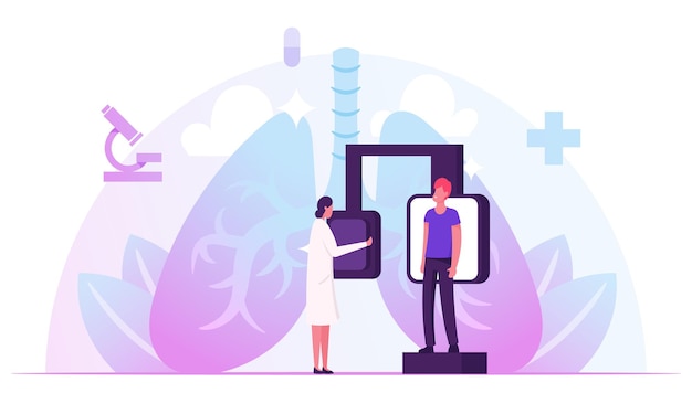 Fluorographic examination, x-ray medical diagnostics checkup. cartoon flat illustration