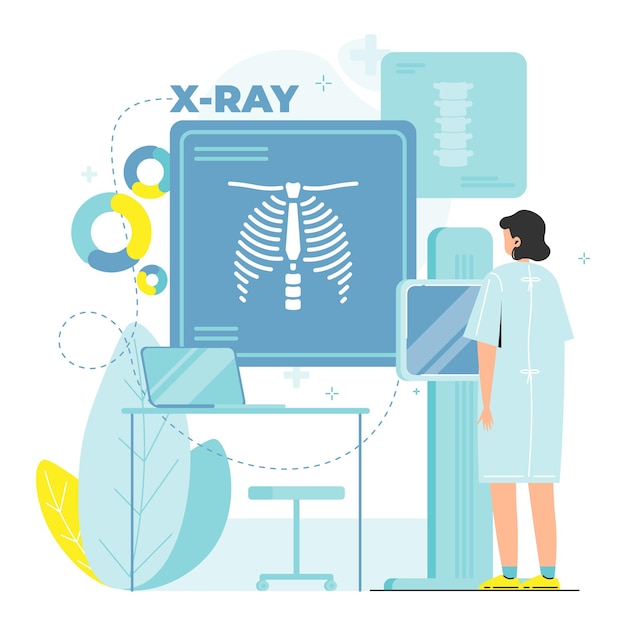 Vector fluorography exam of patient female chest xray scan roentgen chest radiography lungs health vector i...