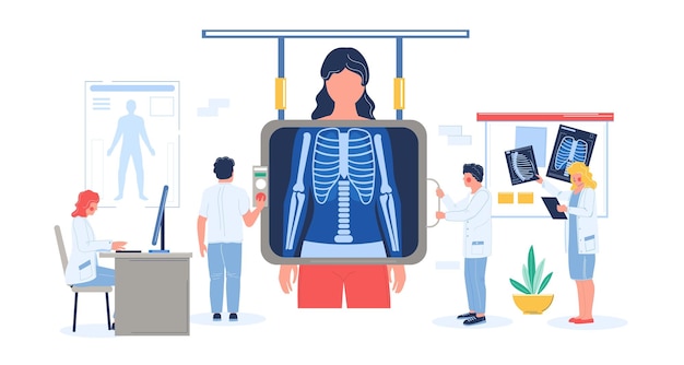 Vector fluorography exam of patient female in hospital flat vector illustration doctor medical professional doing fluorography or chest xray screening roentgen photography chest radiography lungs health