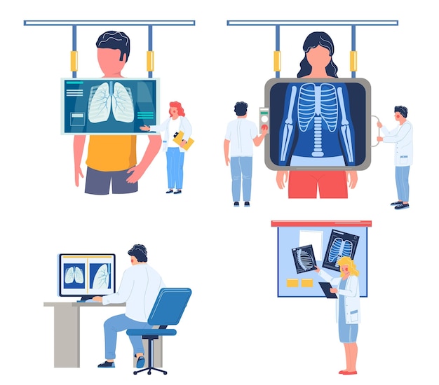 Vector fluorography lungs checkup procedure set flat vector illustration doctor radiologist doing chest xra