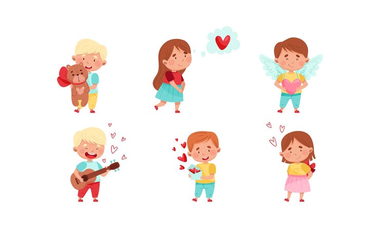 Vector 은 소년과 소녀 캐릭터는 사랑과 애정을 느끼고 심장과 발렌타인 터 세트를 제공합니다.