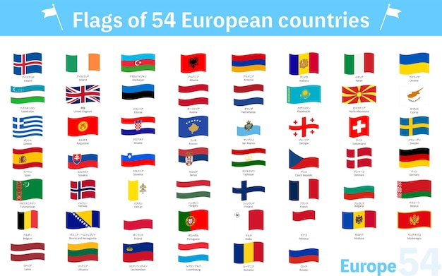 Vettore set di icone della bandiera del mondo svolazzante di 54 paesi europei e nis