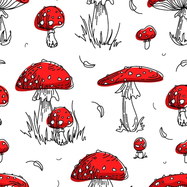 Fly agaric Amanita nonedible poisonous mushroom Bright Seamless pattern in sketch style Gathering in the autumn forest For wallpaper printing on fabric wrapping