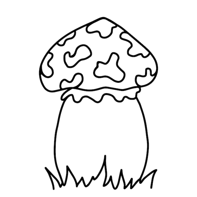 Вектор Мухомор с пятнами на траве гриб ядовитое лесное растение каракули линейный мультфильм