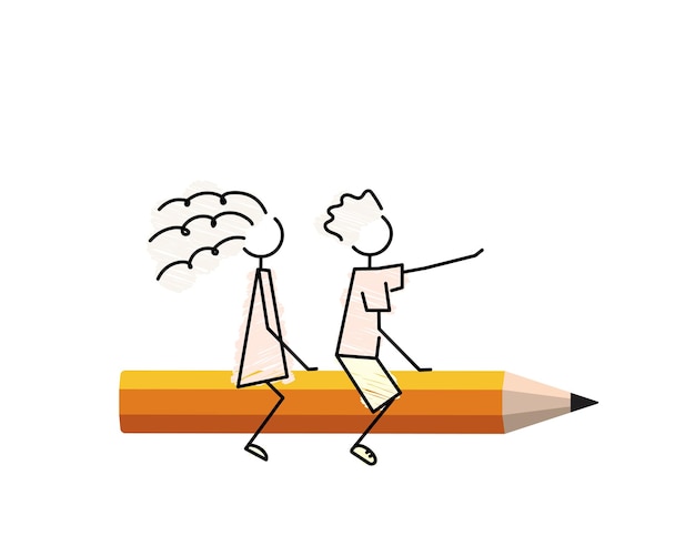 fly back to school simple sketch drawing clipart happy students flying on top of giant pencil colorful funny doodle boy and girl vector illustration