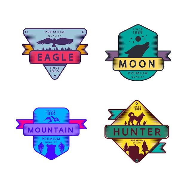 Fly Eagle and Hunter Moon and Mountain Set Logo Colorful Assortment Trademark Premium Quality Howling Wolf and Bear Dog and Condor Silhouettes on Designed Logotype Mockup Vector Flat Illustrations