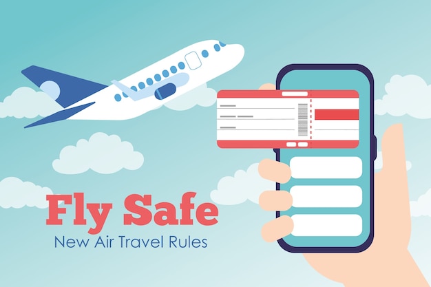 Fly safe campaign with ticket flight in smartphone and airplane flying vector illustration design