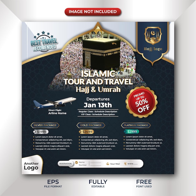 Vector flyer brochure for hajj and umrah travel agents in square size for social media