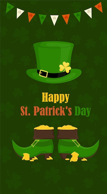 Flyer, brochure, spandoek voor St. Patrick's Day. Een kabouterhoed, laarzen met gouden munten op een groene achtergrond. Vector illustratie.