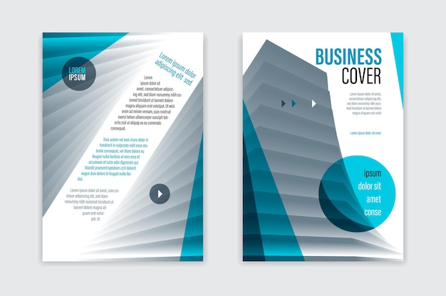 Flyer business trendy corporate style vector design with front and back pager A4 format, modern leaflet cover or presentation template, abstract background with big office building.