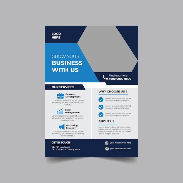 A flyer for a business with a blue and white background