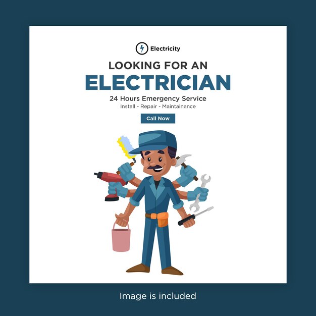 Vector flyer design of looking for an electrician with electrician doing multitasking with multiple hands and tools