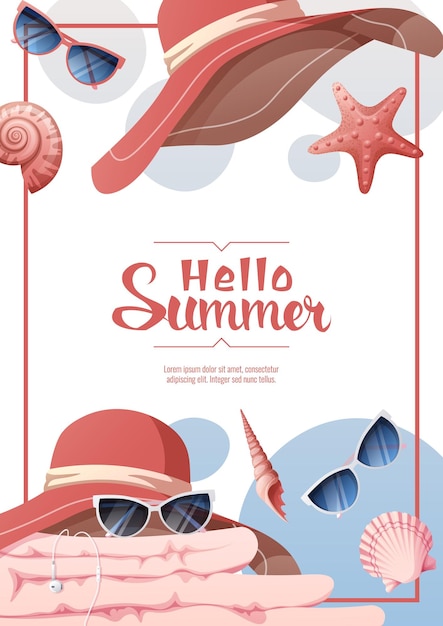 Flyer design with summer accessories Beach hat sunglasses towel seashellsBeach vibe summer time Banner poster background for summer party advertising promotion invitation