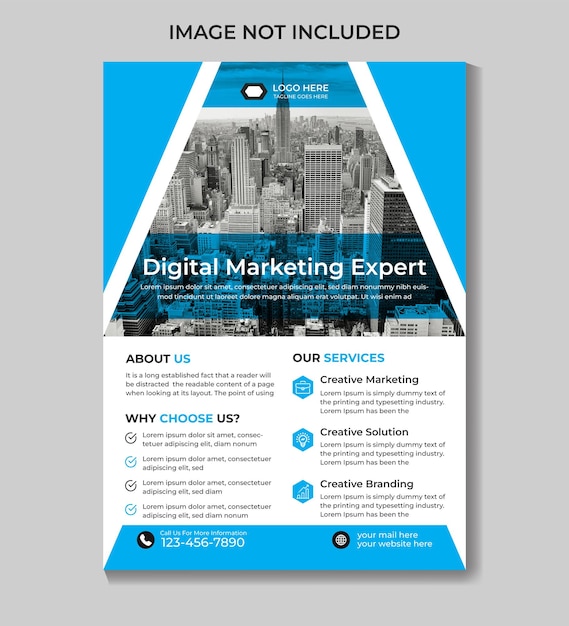 A flyer for digital marketing expert that is blue and black