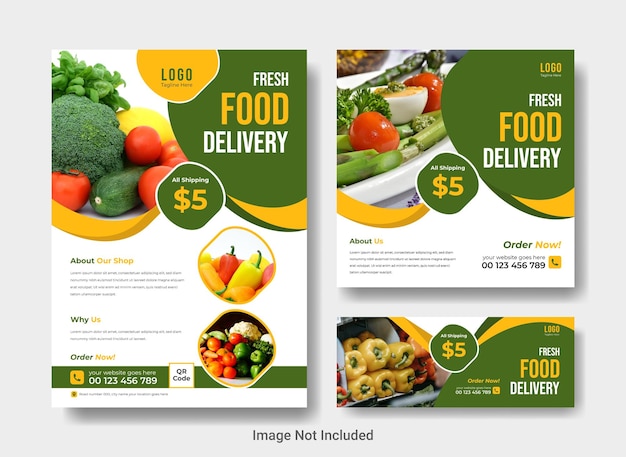 A flyer for food delivery that is in a green and yellow color.