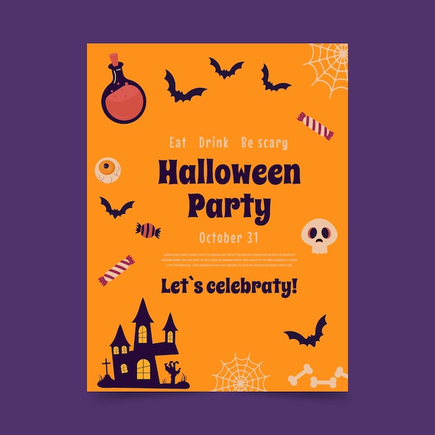 Flyer invitation to a halloween party background with a bat on a branch