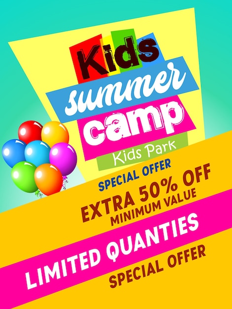 Flyer for the Kids Summer camp poster in flat style vector illustration