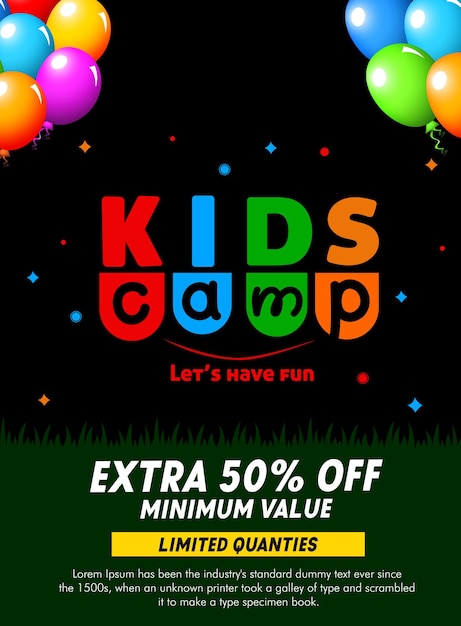 Flyer for the kids summer camp poster in flat style vector illustration