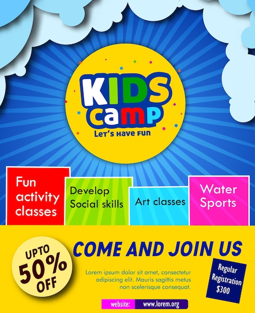 Flyer for the kids summer camp poster in flat style vector illustration