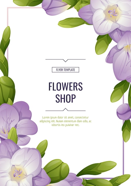 Flyer met freesia bloemen mooie achtergrond met paarse bloemen en knoppen lente kaart banner
