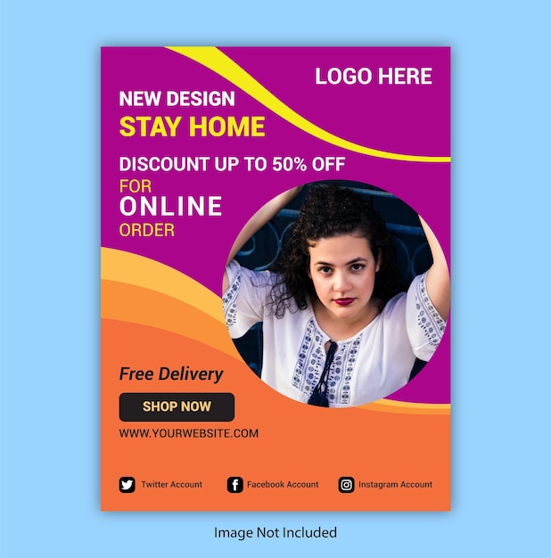 A flyer for a online website that says'stay home'on it