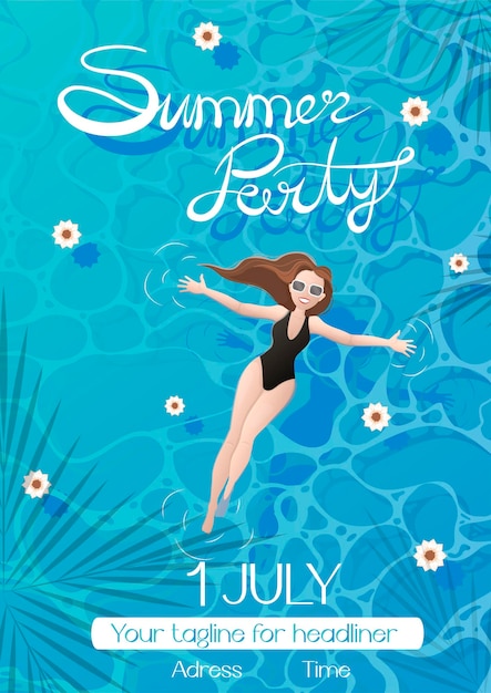 Flyer poster a4 invitation to a summer party in the pool with a girl in a black onepiece swimsuit