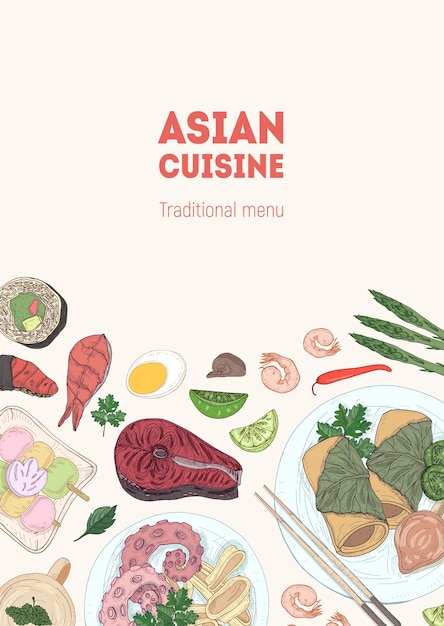 Modello di volantino, poster o menu con deliziosi pasti della cucina tradizionale asiatica che si trovano sui piatti