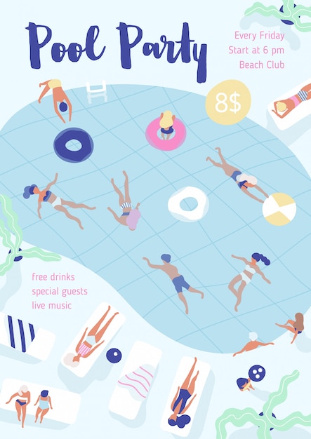 Vector flyer, poster, party invitation template with people dressed in swimwear swimming and diving in pool, lying on sunloungers and sunbathing.