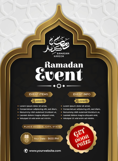 Vettore poster volantino per evento ramadan in elegante stile islamico e arabo