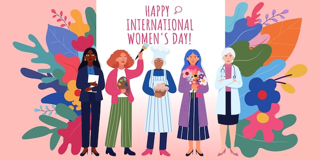 Flyer postkaart banner voor internationale vrouwendag personages vrouwen van verschillende beroepen n