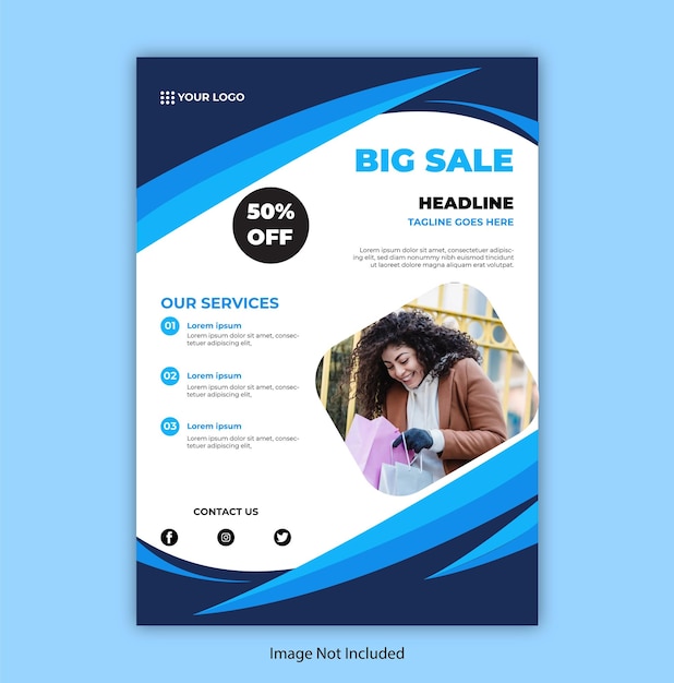 A flyer for a sale that is in a blue and white style