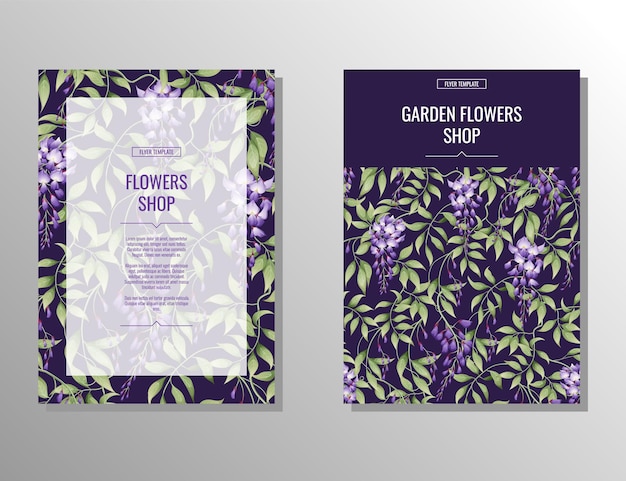 Flyer set with purple wisteria flower and garden shop banner poster brochure cover template