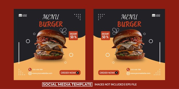 Volantino o post sui social media menu di cibo a tema burger v6