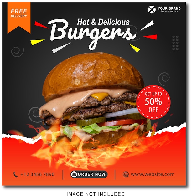チラシやソーシャルメディアのプロモーションハンバーガー食品とInstagramの投稿デザインテンプレート